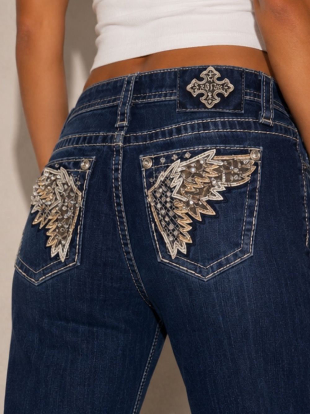 NWT MISS ME Embellished Pocket Bootcut Jeans Wings Jewel Bedazzle Size 27